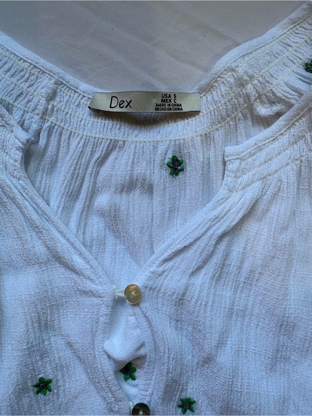 Dex White Gauze Top with Green Floral Embroidery